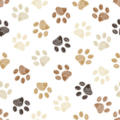 Doodle brown and black paw print seamless fabric design repeated pattern white background