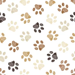 Wall murals Dogs Doodle brown and black paw print seamless fabric design repeated pattern white background