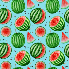 Watermelon slice fruit seamless patterns watercolor hand drawn illustration, fresh healthy food - natural organic food fabric texture on blue background. Scrapbook paper