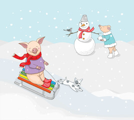 happy piggies with snowman, dog and sleigh