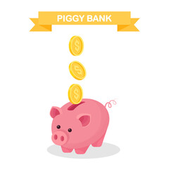 Piggy bank with gold coins isolated on  white background. Save money, investment of currency. Vector flat design