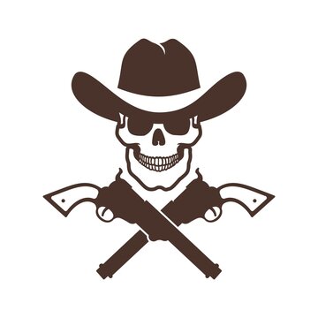 Skull cowboy icon with guns. Western logo. Wild west bandit tattoo. Vector illustration.