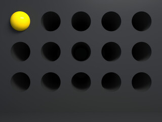 Abstract black mockup background with cylindrical holes and single yellow half sphere; minimal dark geometric concept wall with circular cavities; niche; 3d rendering, 3d illustration