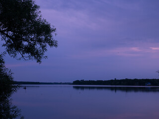 Sunrise scenic landscape. Beautiful landscape lake in the green forest. Forest lake summer landscape. Beauty concept background.