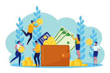 Wallet with pocket money, credit card and banking employee, businessman. Purse with cash isolated on white background. Character with coin flow. Salary, budget concept. Transfer currency Vector design