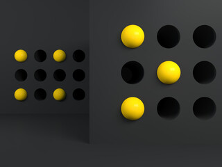 Abstract dark wall mockup background with cylindrical holes and several yellow half spheres; minimal black geometric concept wall with circular cavities; niche; 3d rendering, 3d illustration