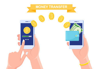 Money transfer with digital wallet. Cashback, reward concept. Human hand holding mobile phone with banking app, purse with cash, coin, dollar bill on screen. Online payment. Vector flat design