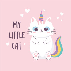 cute cat sitting with rainbow horn and rainbow cartoon animal funny character