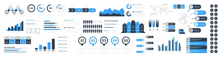 Big set of business infographics. Business icons. Elements marketing charts, steps, business processes, diagram, graphs, strategy, concept template. Vector illustration.