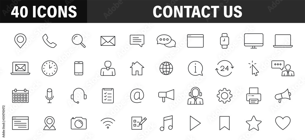 Poster set of 40 contact us web icons in line style. web and mobile icon. chat, support, message, phone. ve