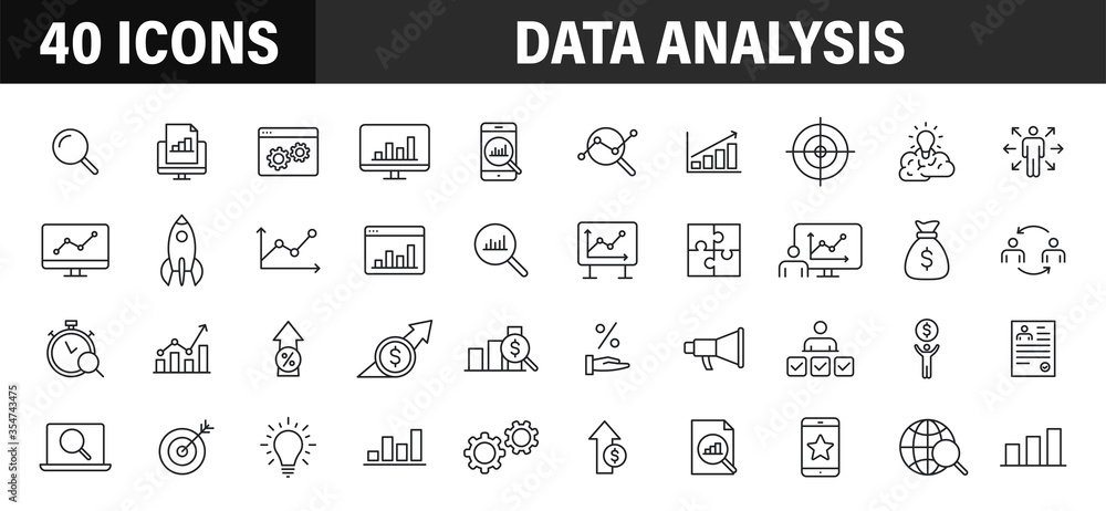 Poster set of 40 data analysis web icons in line style. graphs, analysis, big data, growth, chart, research
