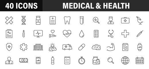 Set of 40 Medical and Health web icons in line style. Medicine and Health Care, RX, infographic. Vector illustration.