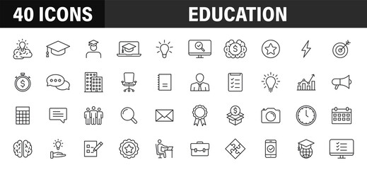 Fototapeta na wymiar Set of 40 Education and Learning web icons in line style. School, university, textbook, learning. Vector illustration.