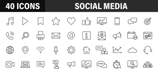 Set of 40 Social Media web icons in line style. Contact, digital, social networks, technology, website. Vector illustration.