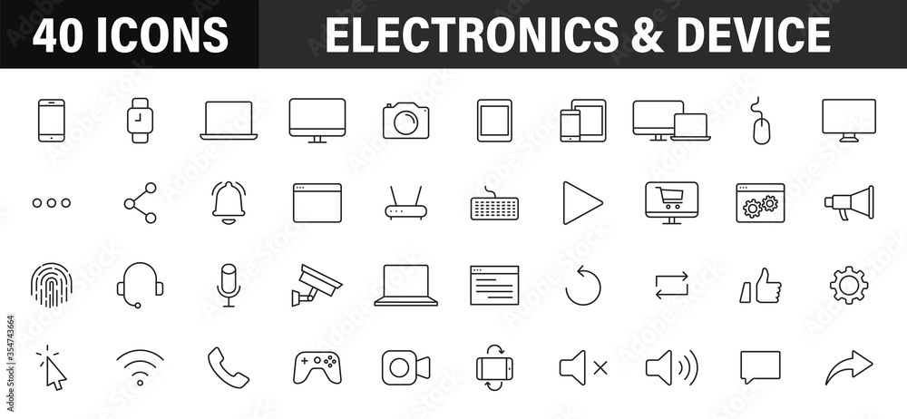 Aufkleber set of 40 technology and electronics and devices web icons in line style. device, phone, laptop, com