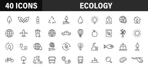 Fototapeta na wymiar Set of 40 Ecology web icons in line style. Electric Car, Organic, environmental energy. Vector illustration.