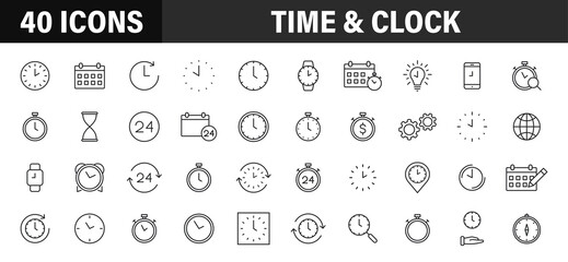 Set of 40 Time and clock web icons in line style. Timer, Speed, Alarm, Calendar. Vector illustration.