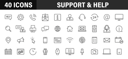 Set of 40 Support and Help web icons in line style. Assistance, email, customer, 24 hrs, service, contact. Vector illustration.