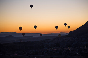 hot air balloon in cappadocia on sunset
