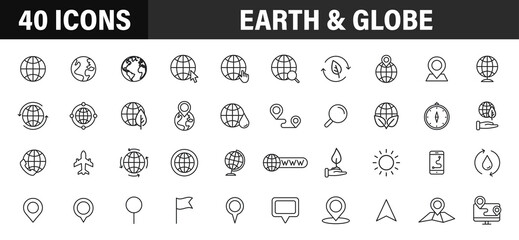 Fototapeta na wymiar Set of 40 Globe and earth planet web icons in line style. Navigational Equipment, Planet Earth, Airplane, Map. Vector illustration.