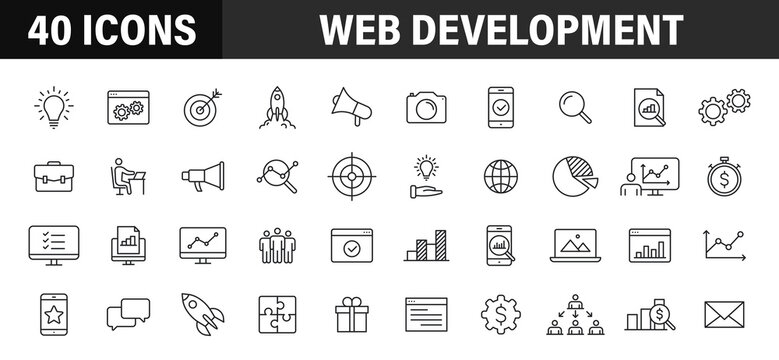 Set of 40 Web development web icons in line style. Marketing, analytics, e-commerce, digital, management, seo. Vector illustration.