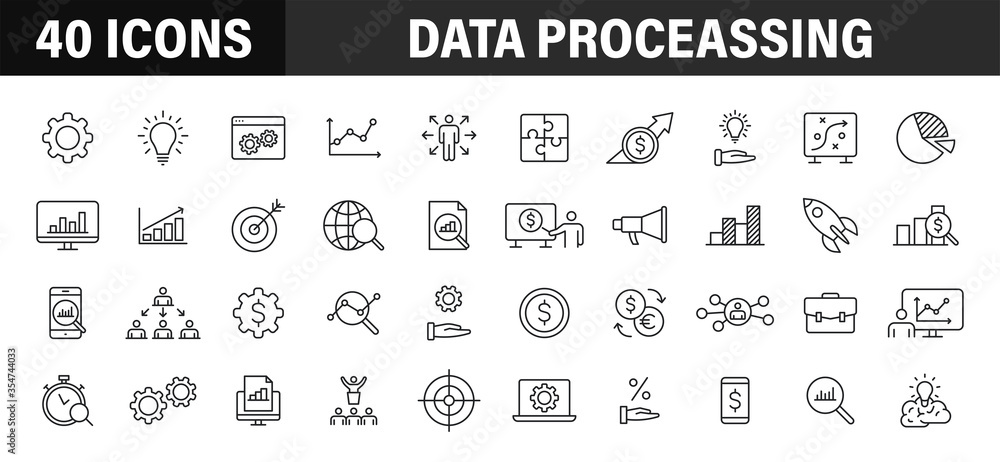Poster set of 40 data proceassing web icons in line style. graphic, analytics, statistic, network, diagrams