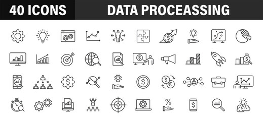 Set of 40 Data Proceassing web icons in line style. Graphic, analytics, statistic, network, diagrams, digital. Vector illustration.