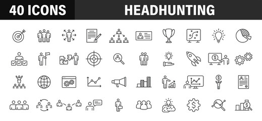 Set of 40 Headhunting web icons in line style. Skills, work, professional, employment, management, teamwork. Vector illustration.