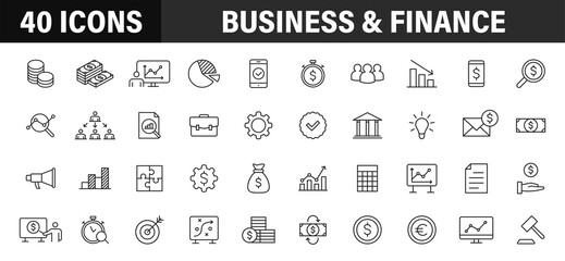 Fototapeta na wymiar Set of 40 Business and Finance web icons in line style. Money, dollar, infographic, banking. Vector illustration.