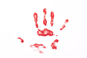 Bloody hand print isolated on a white background. Crime and violance concept.