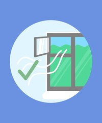 Ventilation through an open window  vector illustration. Sanitary measures against the virus. Prevention of covid at home. Fresh air at room. Indoor disinfection. Health care icon.
