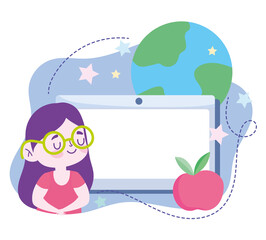 online education, student girl with computer and apple, website and mobile training courses