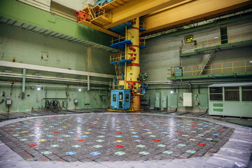 Nuclear power plant. Central hall of the nuclear reactor, reactor lid, maintenance and replacement...