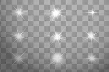 Glow isolated white transparent light effect set, lens flare, explosion, glitter, line, sun flash, spark and stars. Abstract special effect element design.