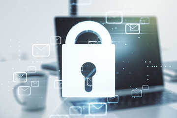 Creative light lock illustration with postal envelopes on modern computer background, cyber security and email protection concept. Multiexposure