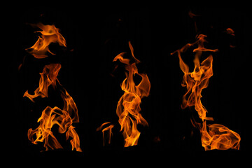 Fire burning flame collection set  on black background for graphic design purpose.
