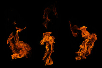 Fire burning flame collection set  on black background for graphic design purpose.