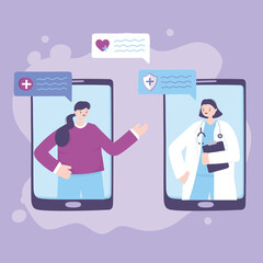 telemedicine, smartphone female doctor and patient consultation online helping