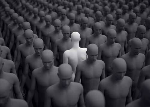 People in line, only one is turned.