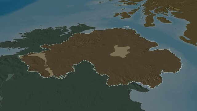 Northern Ireland, region with its capital, zoomed and extruded on the administrative map of United Kingdom in the conformal Stereographic projection. Animation 3D