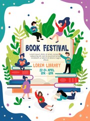 Book festival invitation or poster with address vector illustration. Invite for all wishing flat style. People around big book and greenery. Education and fun event concept