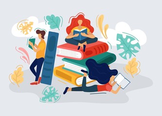 People reading and enjoying interesting books vector illustration. Stack of books with colourful covers flat style. Education and fiction story concept. Isolated on blue background