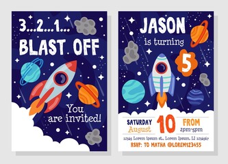 Bright cosmic space party invitation template vector illustration. Blast off flat style. Costume fun party. You invited. Happy birthday concept. Isolated on grey background © Microstocker.Pro