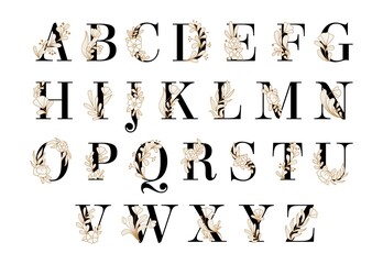 Elegant font design with floral decoration vector illustration. Modern design of letters with pink beautiful flowers flat style. Capitals decorated with plants. Isolated on white background