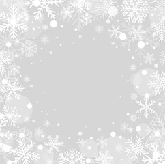 Beautiful fluffy snowflakes flying in air vector illustration. Winter season snowfall texture flat style. Happy holiday and christmas concept. Realistic grey background