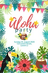 Aloha party tropical invitation with bird vector illustration. Card with animal and festive inscription flat style. Floral decor with garland. Joy and relax event. Celebration concept