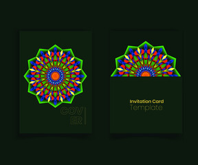  Modern Invitation card design with green colorful vector mandala