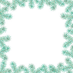 Green christmas frame, watercolor Christmas tree, branch