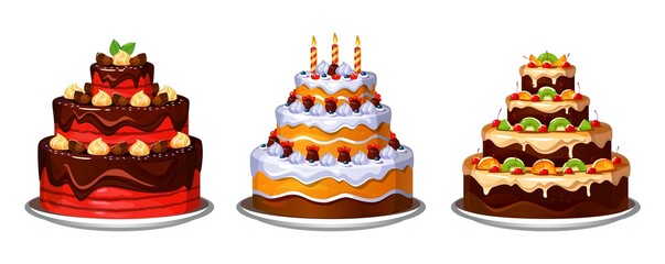 Three tier delicious homemade cakes with decor vector illustration. Chocolate and fruits cakes flat style. Tasty aromatic desserts with candles on plate. Isolated on white background