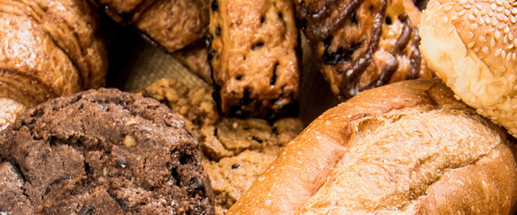 Top view banner Bakery on wood background